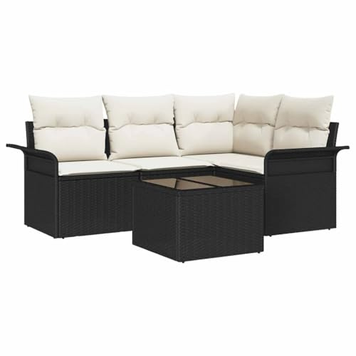 vidaXL 4-teiliges Garten-Sofa-Set mit Kissen in Schwarz aus Poly Rattan, modulare Sitzgruppe mit Tisch für den Außenbereich, wetterfeste Loungemöbel für den Garten.