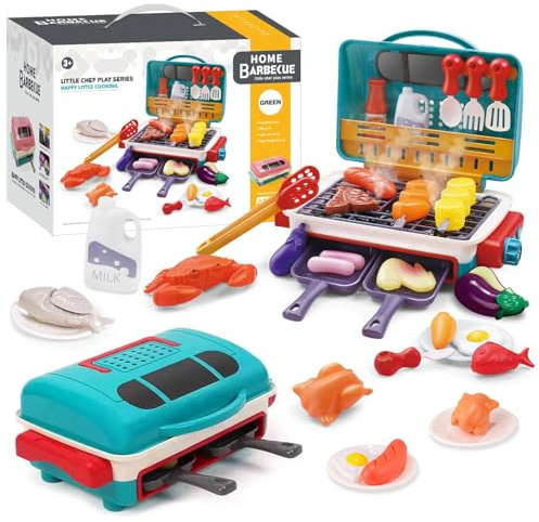 Noetopolis Kids BBQ Grill Toys Playset, 26 PCS BBQ Play Kitchen for 2 Year Old, Kitchen BBQ Toys with Sound, Lights & Spray, Toy Grill Cooking Set BBQ, Kids Pretend Grill Play Set
