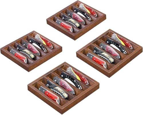 Emfogoo 4 Pieces Knife Display Case, Wooden Pocket Knife Collection Case Holder, for Collections Gift-giving (Walnut)