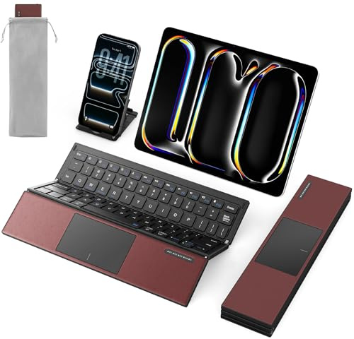 SODI Portable Tri-Fold Bluetooth Keyboard with Touchpad, Full Size Keys, Wireless Folding Travel Keyboard, Multi-Device Rechargeable for iPad, iPhone, Android, Windows, Mac,Black and Wine Red