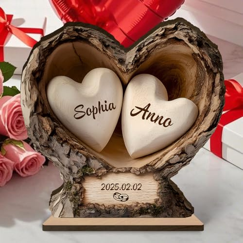 Personalisierte Herz‑Holzdeko mit Namen und Datum - Geschenk für Paare, Hochzeit, Jahrestag, Valentinstag (Style 1) (Style 1)