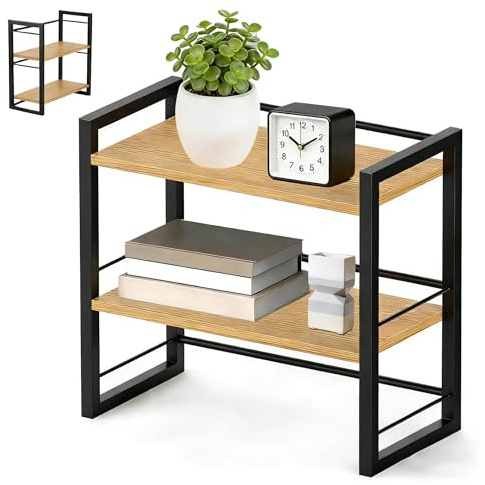 CAAGGMM Schreibtisch Regal Organizer Holz, 40 x 20 x 37 cm Doppeldecker Schreibtischregal, Klein Regal Tischregal Schreibtisch, für Alltagsgegenstände, Bücher, Pflanzen, Schwarz