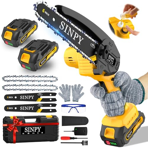 SINPY 6-Zoll Mini Akku kettensäge, Akkusäge mit 2x 2000 mAh akkus kabellose Handsäge mit Sicherheitsschalter für Garten Baumschneiden Brennholz