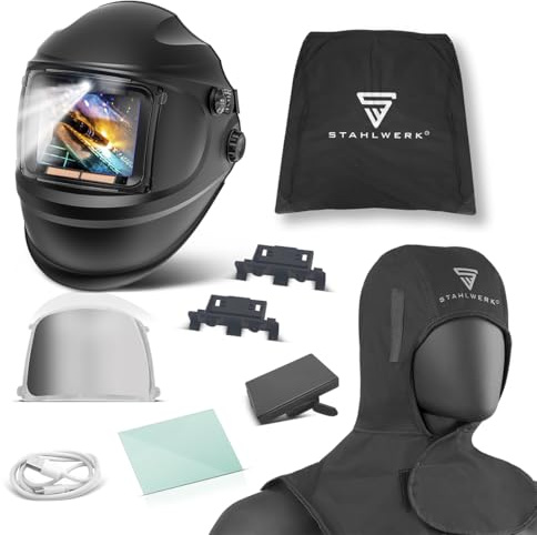 STAHLWERK Automatik-Schweißhelm 3-in-1 Raptor im Set mit Schweißhaube | LED-Kopflicht, True-Colour-Echtfarbwiedergabe, Jobspeicher, automatische Abdunkelung DIN 4 - DIN 13, optische Klasse 1/1/1/2