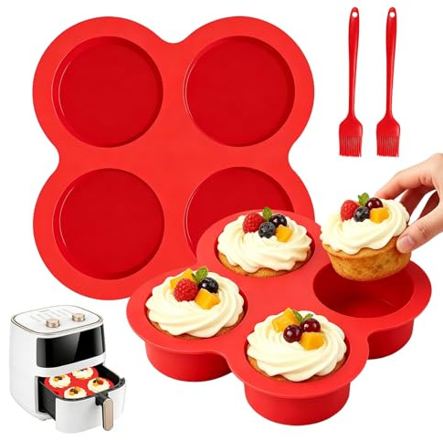 4 Tassen Muffinform für Heißluftfritteuse, 2 Stück Muffin Backform mit Bürsten Muffinformen Silikon Muffinförmchen für Airfryer Mini Muffins Backform Runde für Cupcakes Kuchen Pudding