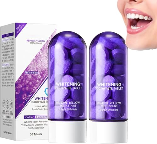 Purple Whitening Toothpaste Tablets for Teeth Brighten, 30 Count with Nano Hydroxyapatite Fresh Breath, Deep Stain Removal, Natural Mint Toothpaste Tabs for Daily Oral Care (2pcs)