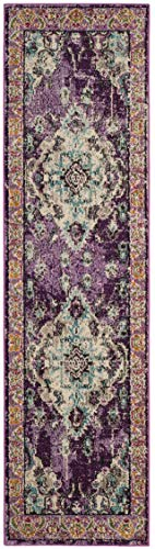 SAFAVIEH Boho Teppich für Wohnzimmer, Esszimmer, Schlafzimmer - Monaco Collection, Kurzer Flor, Violett und Hellblau, 66 X 244 cm