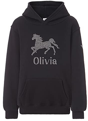 Sudadera de equitación con capucha para niña, de Varsany; diseño personalizado de caballo con tachuelas, Infantil, negro, 7-8 años