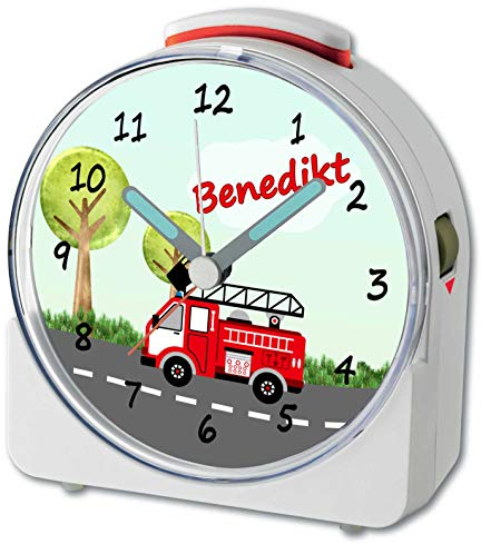 CreaDesign, WU-71-1009, Feuerwehr, analog Kinderwecker weiß, Funkwecker mit Sweep-Uhrwerk und fluoreszierenden Zeiger und Licht, personlisiert mit Namen, 10,2 x 4,6 x 11 cm