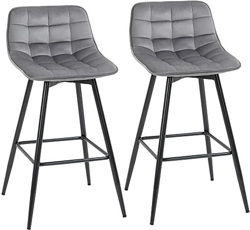 HOMCOM Set 2 Sgabelli Alti in Stile Nordico con Schienale e Poggiapiedi, Sgabelli con Schienale in Tessuto Effetto Velluto e Metallo, 45x47x88 cm, Grigio