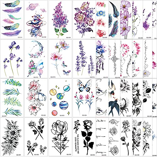 Xingsky Temporäre Tattoos, Rose Tattoo Aufkleber Wasserdicht, Gefälschte Tattoos für Frauen, Mädchen, Kinder, Sexy Kleine Tattoo-Aufkleber für Hände und Hals, Schwarze und Farbige Tattoos (40 Stück)