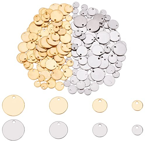 UNICRAFTALE 200pcs 2 colores 6/8/10/12 mm Plana Redonda Estampado Etiquetas En Blanco Colgantes de Acero Inoxidable Encantos Redondos Planos de Metal para Hacer Joyas Etiquetas para Perros Etiquetas
