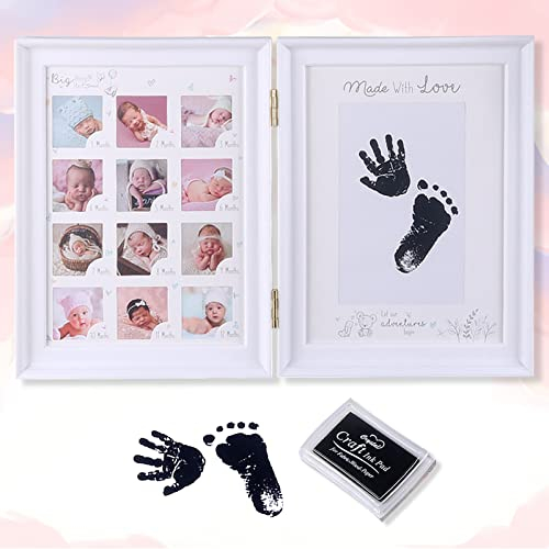 LEcylankEr Baby Handabdruck und Fußabdruck Fotoalbum Baby Bilderrahmen Erstes Jahr Jubiläum Wachstumsrekord Babygeschenke,Faltbar Zweifach Verwendbarer Fotorahmen mit Auffüllbares Stempelkissen (Weiß)