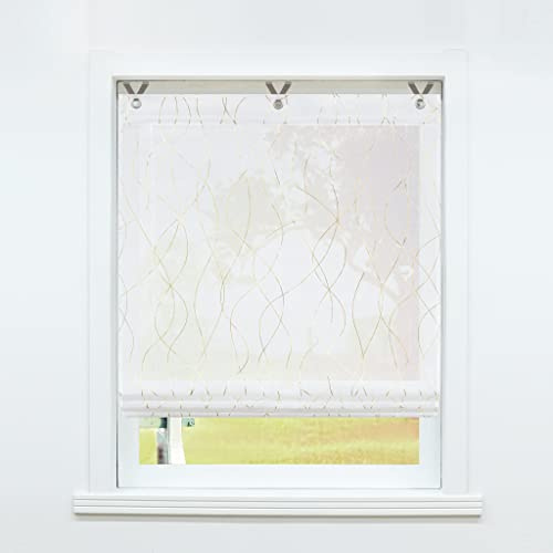 SCHOAL Raffrollo ohne Bohren Raffgardinen mit Ösen Gardinen Küche Ösenrollo Vorhänge Transparent Modern Wellen Muster BxH 80x130cm 1 Stück Muster #2 Gold