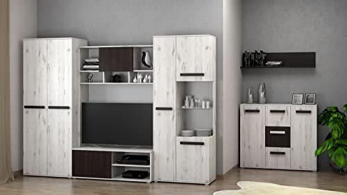 Fabryka Mebli Idzczak Wohnwand Anbauwand Schrankwand Viva und Kommode - Praktisch Bequem Geräumigen Kleiderstange und Einlegeböden - Innovatives Stilvoller Allrounder Modern (Weiß/Norwegische Kiefer)