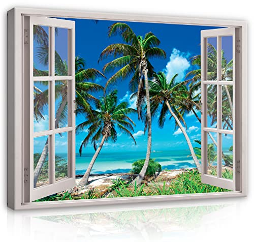 WallArena - Leinwand Bilder - Fensterbilck Fenster Strand Meer Natur - 100x75 cm Leinwandbilder - Bild auf leinwand - Wandbild XXL groß Wandbilder für Wohnzimmer Schlafzimmer Wohnzimmerbilder Modern