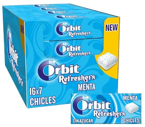 Orbit Refreshers, Chicles Sin Azúcar Sabor Menta que proporciona frescura inmediata, en formato gragea en formato gragea en pack de bolsillo (16 x 7 chicles)
