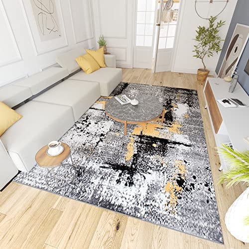 Mazovia Modern Teppich - Kurzflor - Teppich für Wohnzimmer, Schlafzimmer, Esszimmer - ÖKO-TEX Wohnzimmerteppich, Robust und pflegeleicht, Niedrige Florhöhe - Grau Gelb 200 x 300 cm