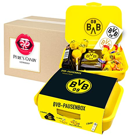 Pere's Candy Bundle für Fanartikel BVB Borussia Dortmund Pausenbox/Brotdose - BVB Süßigkeiten 1er Pack 275g + Pere's Candy Notepad DIN A7-25 Blatt