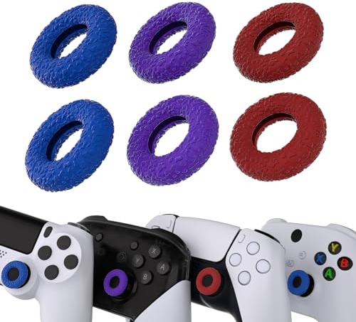 PlayVital 3 Paar Donut Design Silikon Thumbstick Ringe für PS5/4, Xbox Series X/S, Xbox One/Elite Series 2 Core,für Switch Pro Controller, Universal Anti Rutsch Daumengriffe Ringe-Rot & Blau & Lila