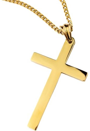 Zaloyi 24k Gold Cross Necklace for Men & Women, Plated High Polish Finish, Waterproof & Tarnish-Proof, 3mm Cuban Link Chain with Gold Crucifix Cross Pendant, Elegant Religious Jewelry (46)