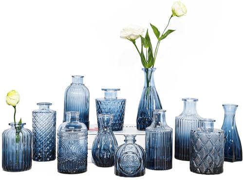 TBWIND 12-teiliges Glasvasen-Set, kleine Vasen für Blumen, blaue Knospenvase für Tafelaufsätze in Großpackung, Mini-Vintage-Vase für rustikale Hochzeitsdekorationen, Büro und Zuhause, Tischdekoration,