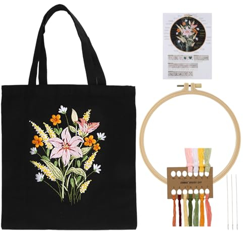 Sticken Set Erwachsene, Sticken Canvas Tragetasche Set, Sticken Set für Anfänger, Embroidery Kit, Kreuzstich Set, Stickpackung Umfassen Segeltuchtaschen, Stickrahmen, Garn und Werkzeug