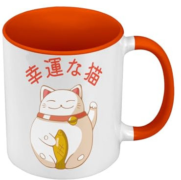 Mug de Couleur Qualité Premium Orange - Maneki-Neko Chat Japon Asie Culture Chine Porte Bonheur - Tasse avec anse et intérieur de couleur