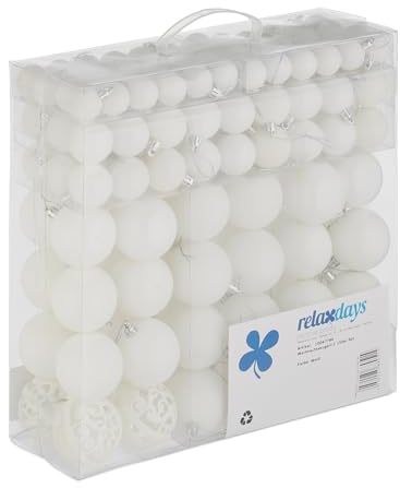Relaxdays Set da 150 Palline di Natale, Addobbi Natalizi, Opache, Lucide, Glitterate, ∅ 3,4 e 6 cm, Decorazioni, Bianco