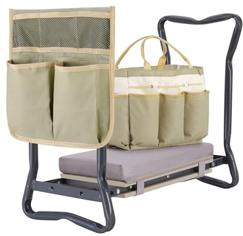 Ohuhu Kniebank für Gartenarbeit mit Werkzeugtasche und weichem Kissen | 2-in-1 Klappbare Garten-Kniebank & Gartenhocker, EVA-Schaumkissen, bis 150 kg Tragkraft, tolles Geschenk für Gärtner