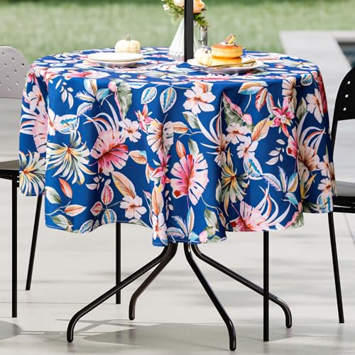 UMINEUX Mantel para exteriores con agujero para sombrilla y cremallera, cubierta de mesa impermeable de primavera/verano para pícnic/barbacoa/jardín (60 redondo, bambú tortuga azul)