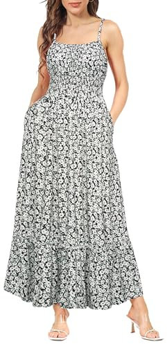 GRACE KARIN Robe de Soirée à Motif Floral pour Femmes Robe Casual à Bretelles Spaghetti Robe Trapèze sans Manches Décontractée XL Fleurs Blanches sur Noir
