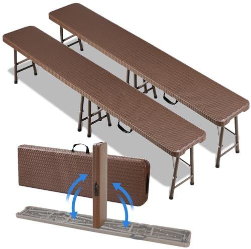LIFERUN 2 pcs Bierbank Klappbar,2er Set Klappbank Garten,Faltbank Camping mit Tragegriff,Faltbare Campingbank 180cm,Bierzeltbank,Partybank aus HDPE Kunststoff & Stahlgestell,Gartenbank,Rattan-Optik