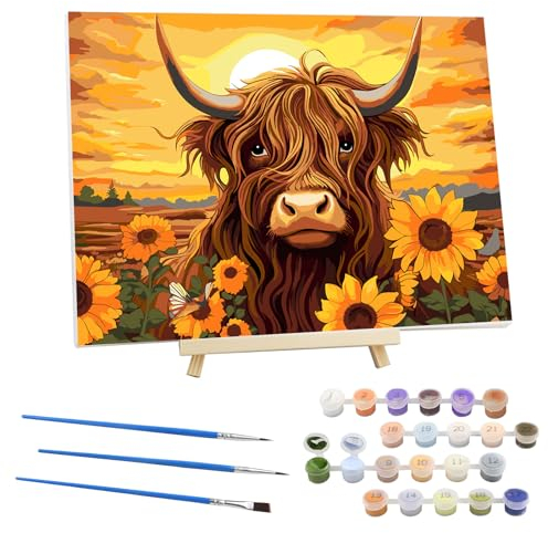 EOBROMD Peinture par Numero Adulte Tournesol,Kit de Peinture à l'huile sur Toile Bricolage avec Cadre en Bois et Chevalet, Vache Peinture Sans Plis Toile pour Décoration de la Maison 30x40cm