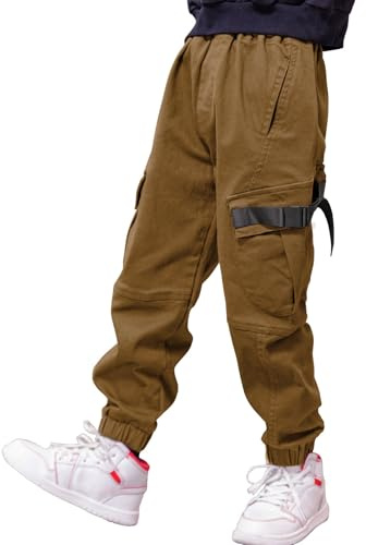 Pantalon Cargo pour Garçon,Style décontracté, Taille élastique, Enfant Jogging Uniforme Scolaire Pantalon de Sport(Kaki foncé,14-16ans)