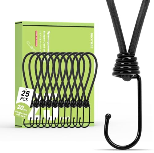 Brotree Bungee Cords with Hooks 25 Pack 20cm Bungee Hooks Small Bungee Rope with Hooks for Tarpaulins, Tents, Tarp and Fixing - Black