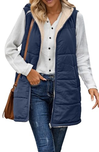 Maeau Women's Quilted Gilet Body Warmers Winter Vest Fleece Lined Long Hooded Down Jacket Ladies Winter Sleeveless Coat Warm Waistcoat Outwear Zip Up Cardigan S-3XL