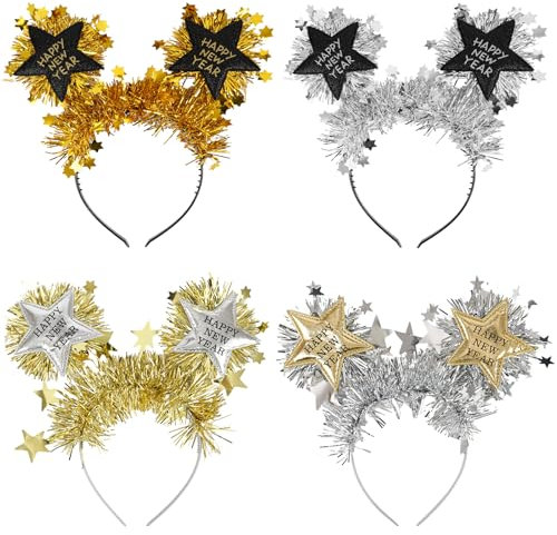 4 Stücke Silvester Haarreif,Happy New Year Haarreif,Haarreif silvester,Silvester haarschmuck für Kinder Erwachsene,Silvester haarreif 2025,Neujahr Foto Requisiten Silvester party accessoires