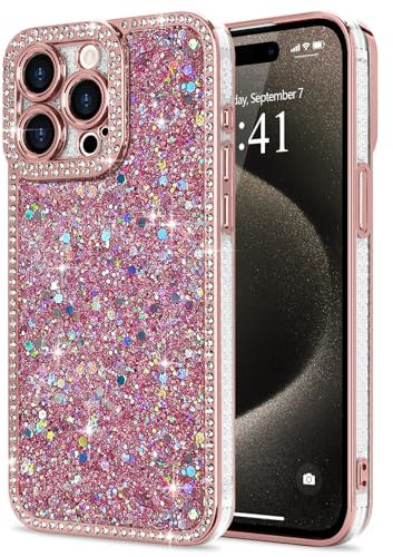 Lafunda for iPhone 15 Pro Case for Womens Girls, Luxury Bling Glitter Diamond Crystal Festival Shiny Case Camera Protection Shockproof Silicone TPU Phone Cover for iPhone 15 Pro 6.1, Pink