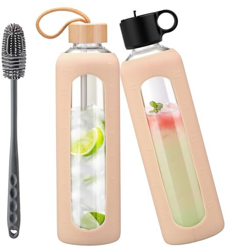 HYDRAGLAZIC 950ml Gourde en Verre Avec Paille et 2 Couvercle, Bouteille d'eau Motivation Graduée Pour 1 Journee Avec Marqueur de Temps Housse en Silicone, Sport Gourde Reutilisable,Ambre
