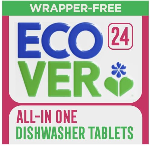 Ecover All-in-One Dishwasher Tablets, Contains Salt & Rinse Aid, Power Cleaning, Mandarin and Lemongrass Scent, Pack of 1, 24 Tablets