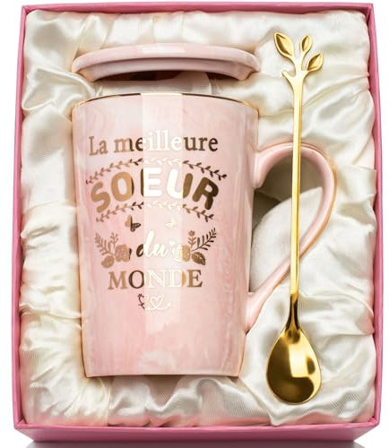 YIKILYLIFE Cadeau Soeur Noel, Cadeau Soeur Anniversaire Tasse 400ml, Cadeaux pour Soeur - La Meilleure Sœurs du Monde, Idée Cadea-u Noel Soeur Mug Marbré de Travail avec Cuillère, Boîte, Carte