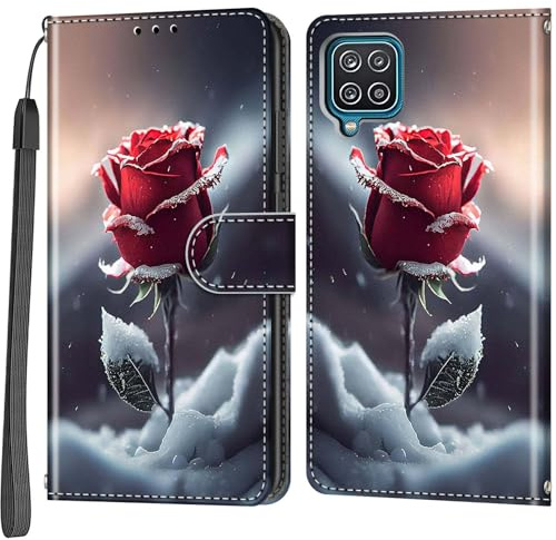 Handyhülle für Samsung Galaxy A12 Hülle, Rosen | Kartenfach, Standfunktion, Magnetische, Klappbar PU Lederhülle, Stoßfeste, Faltbar Klapphülle, Handytasche