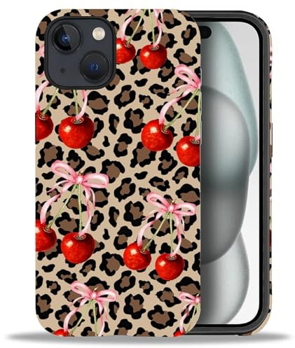 artslion Case for iphone 15 6.1 in, Cherry With Leopard Pattern Phone Case for Women Girl Men-Durable Protection Case for iphone 15