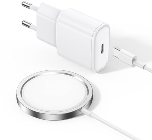 Wireless Caricatore Magnetico【Certificato MFi】15W Rapida Caricatore Caricabatterie Senza Fili Portatile,Compatibile con iPhone 16/15/14/13/12 e Airpods 2/3/Pro/2 (Con spina di ricarica)