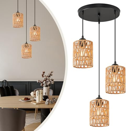 BRIMETI Hängelampe Boho Pendelleuchte Rattan 3 Flammig Esstisch Vintage Geflochten Hängeleuchte E27 Pendellampe Max.60W für Wohnzimmer Esszimmer Schlafzimmer Küche Flur Restaurant (Ohne Glühbirne)