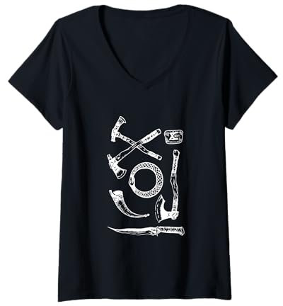Womens Viking Tools of War Design - Axes, Knives, and Ring Symbol V-Neck T-Shirt