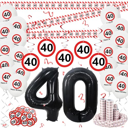 Affivia Verkehrsschild Deko 40 Geburtstag Mann Frau,40 Geburtstag Deko Set,40 Geburtstage Männer Frauen Geburtstagsdeko mit Zahl 40 Folienballon,Absperrband,Konfetti,Luftschlangen,Luftballons,Spiralen