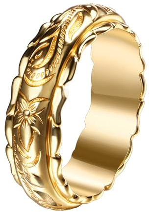 Cupimatch Plumeria Blumen Ring Damen: Exquisiter 14K Vergoldeter Hawaiianischer Damenring mit Gravur 7mm Breite Bandring Vintage Blumenring aus Messing Elegant Schmuck für Frauen Mädchen, Größe 50-67