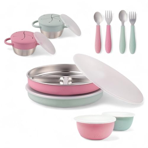 Elk and Friends Stainless Steel Mealtime Bundle with Sleeves | 10pc Set | Kids/Toddler Dinner Set | Silicone Sleeves | 7.8 Plates, Bowls, Snack Cups, Toddler Utensils | Travel Lids | Dishwasher Safe